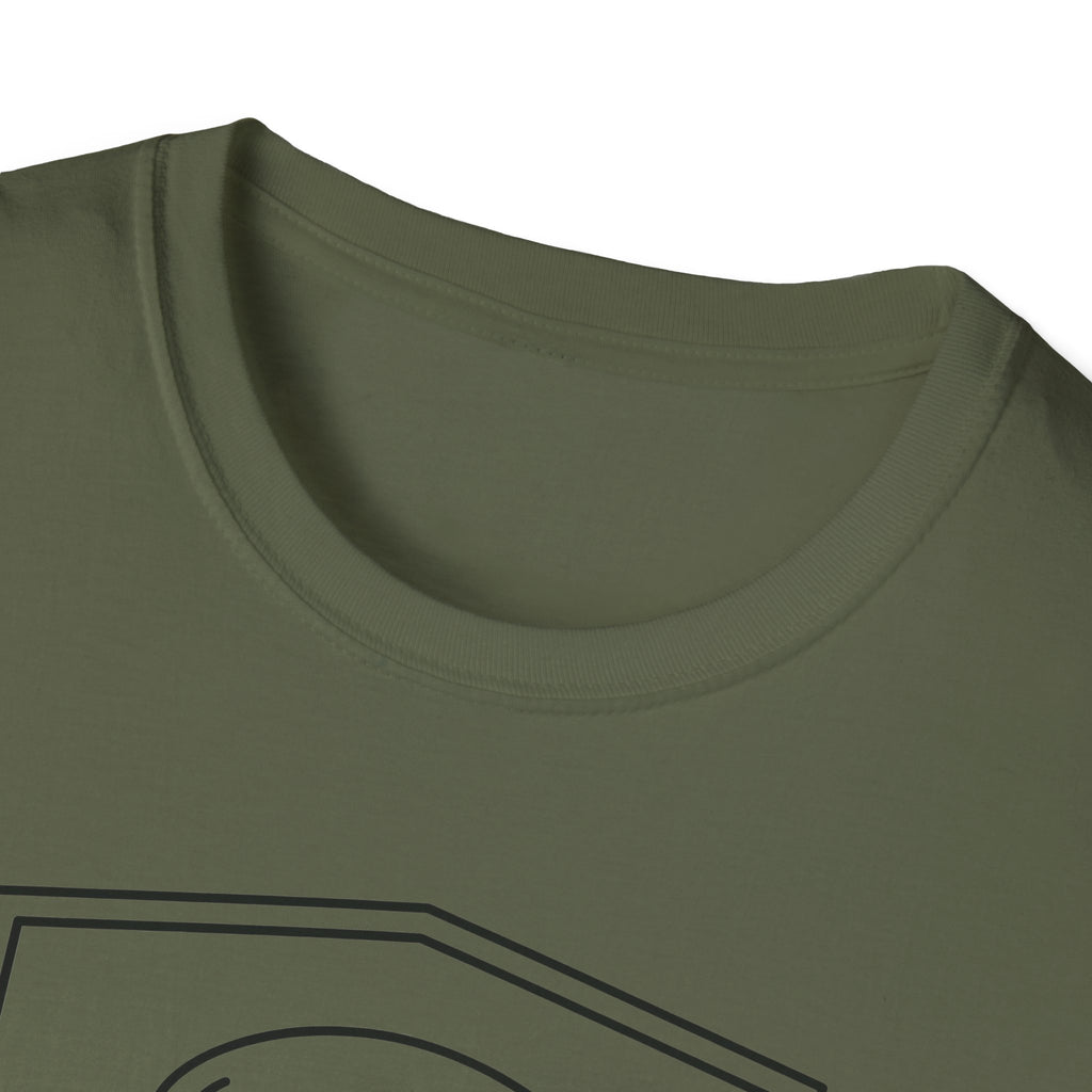 Olive green T-shirt close-up of crew neck and partial shield eagle graphic line art.