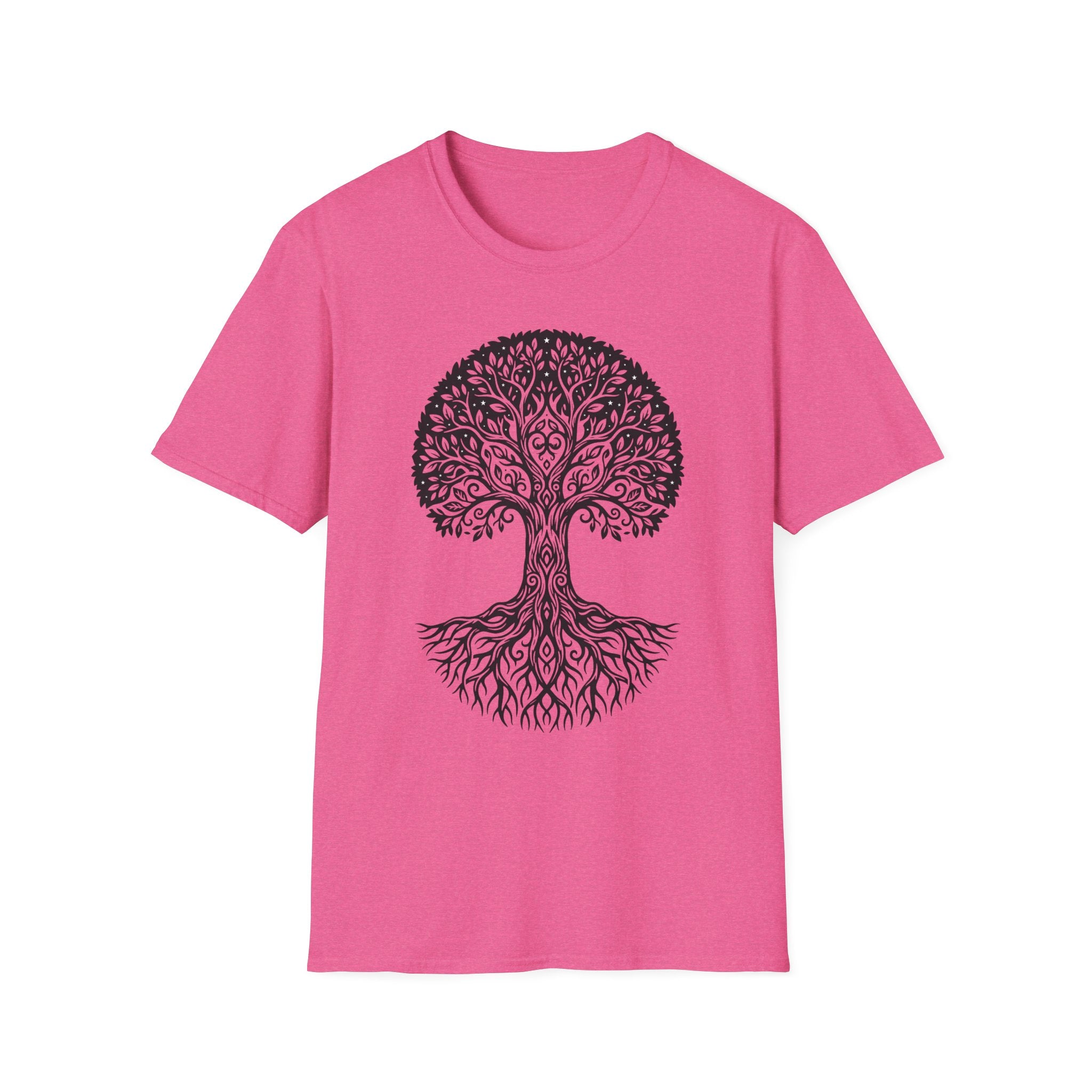 Tree of Life T-shirt, pink; ornate botanical tree graphic printed in dark ink at center