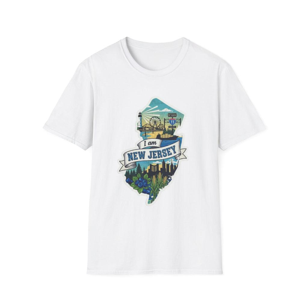 Crew-neck T-shirt, white, with New Jersey map skyline graphic on front.