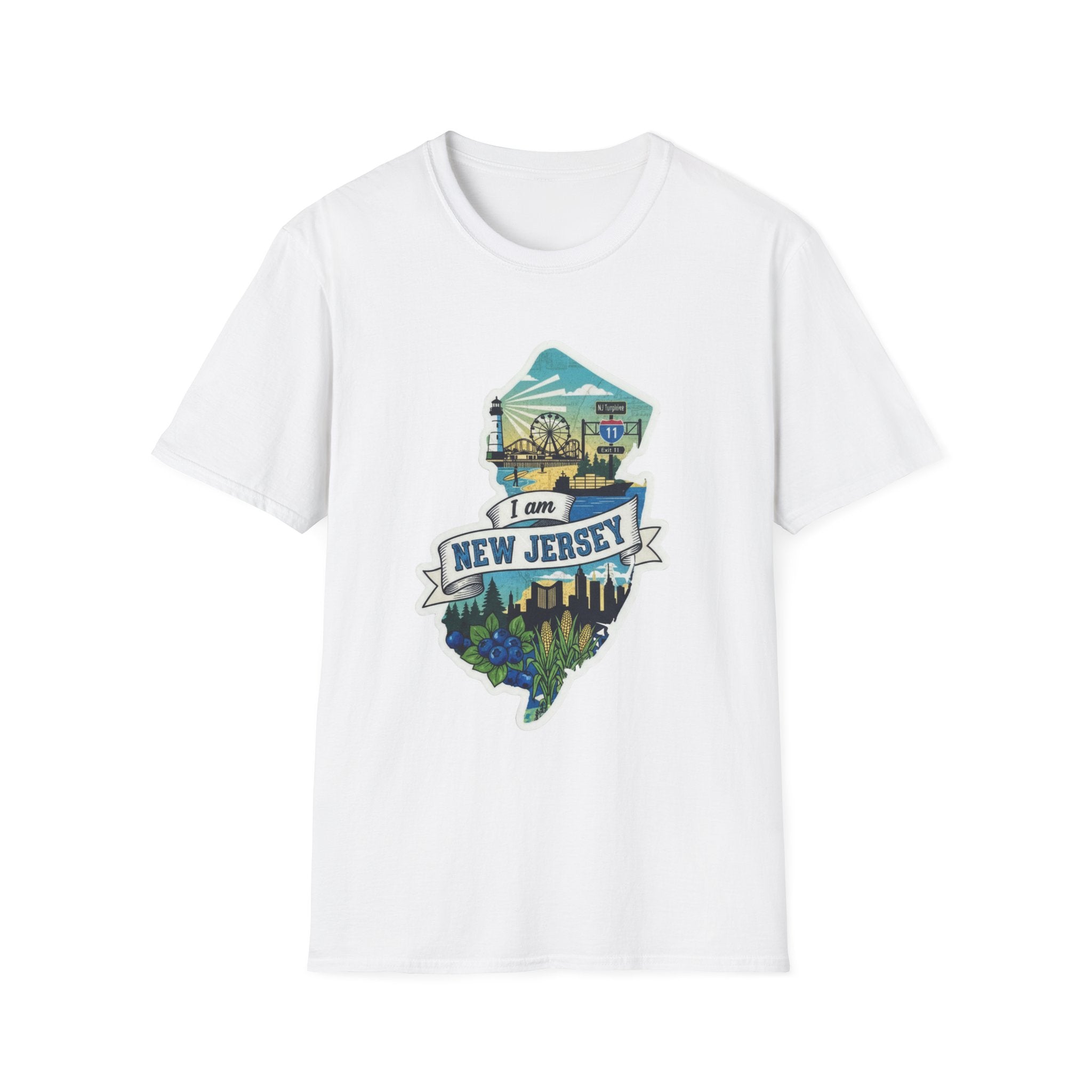 Crew-neck T-shirt, white, with New Jersey map skyline graphic on front.