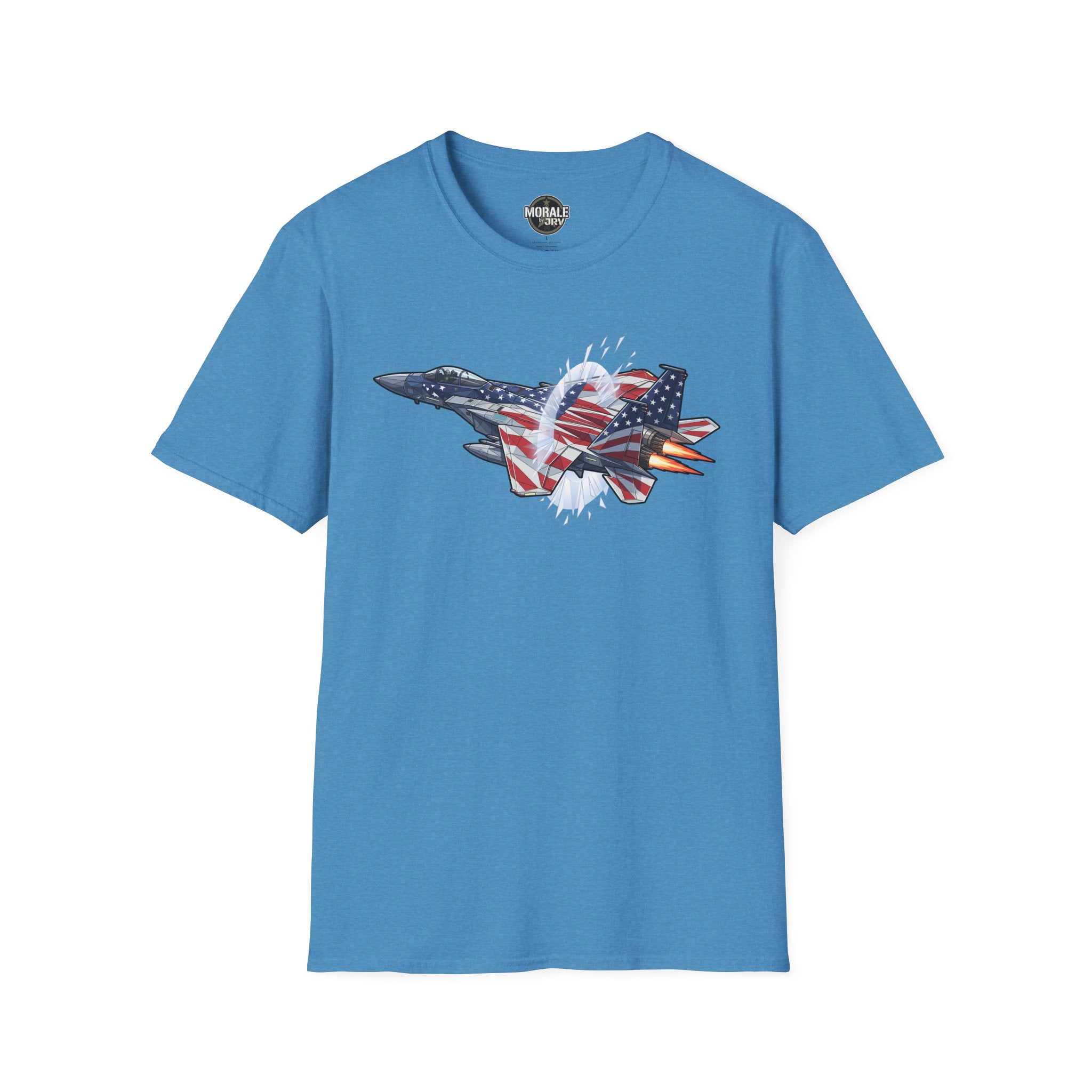 Heather blue T-shirt with American flag fighter jet graphic