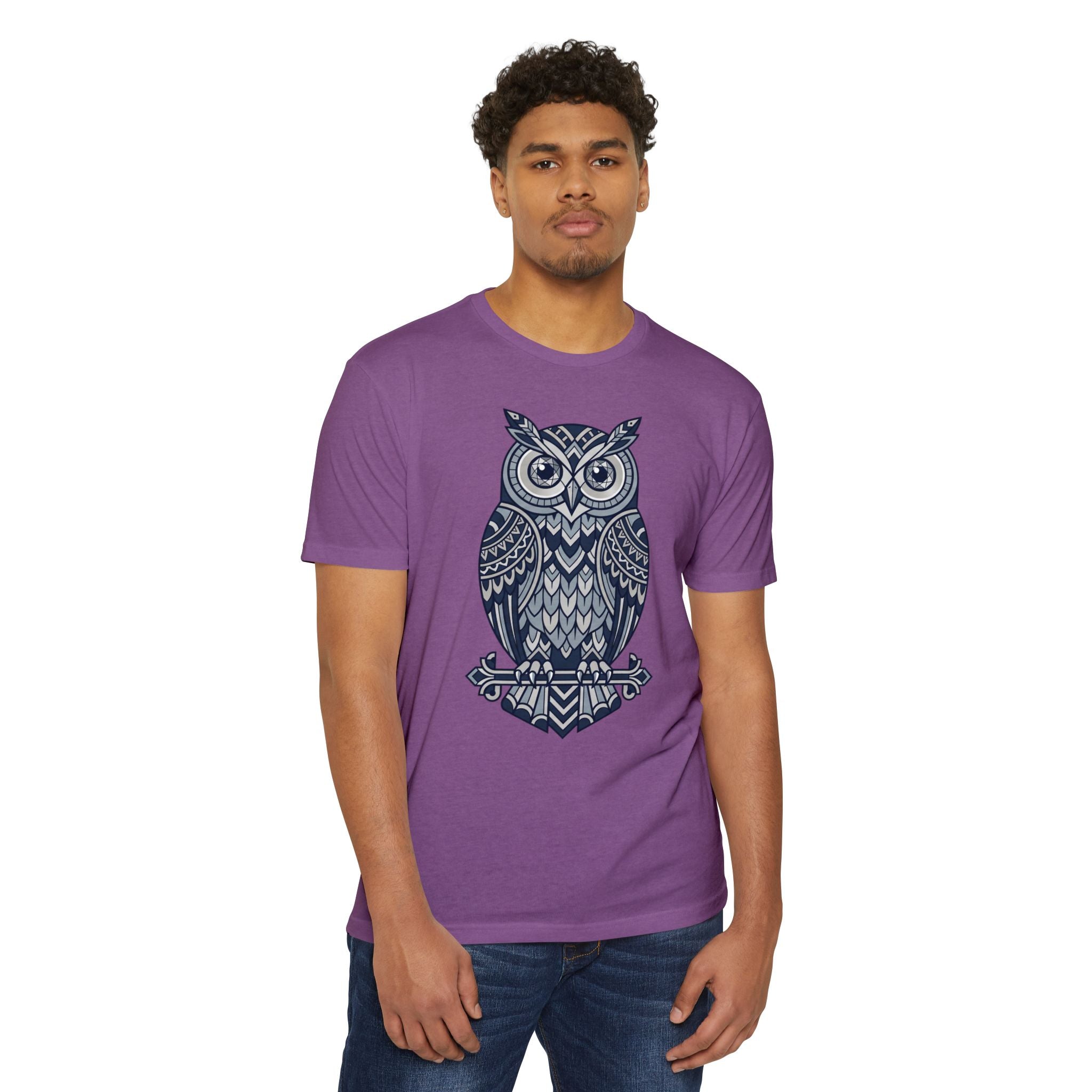 Purple graphic owl T-shirt with blue tribal owl design front