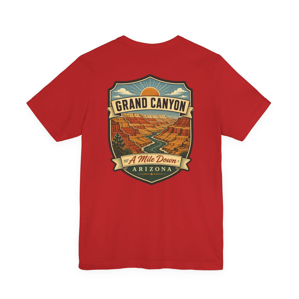 Grand Canyon souvenir T-shirt, red with large “GRAND CANYON” scenic graphic