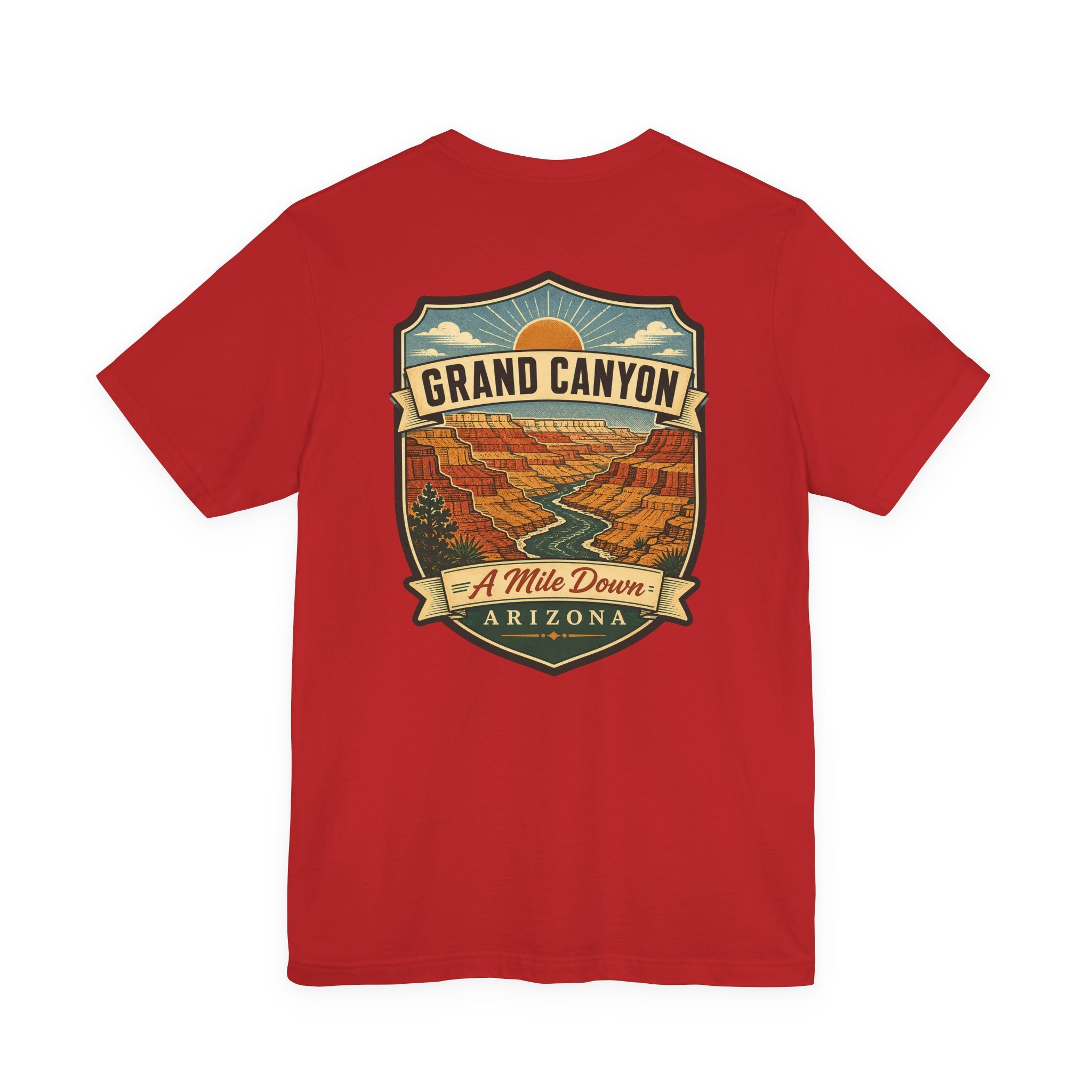 Grand Canyon souvenir T-shirt, red with large “GRAND CANYON” scenic graphic
