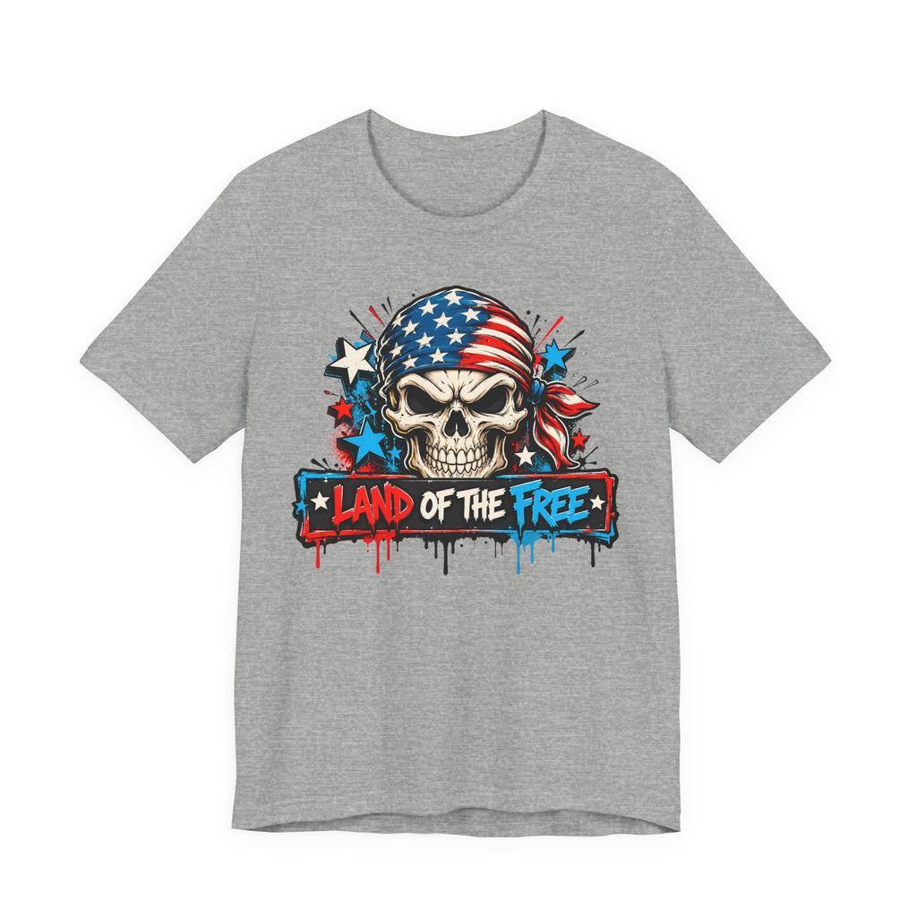 Grey skull patriotic T-shirt with American flag graphic on center chest
