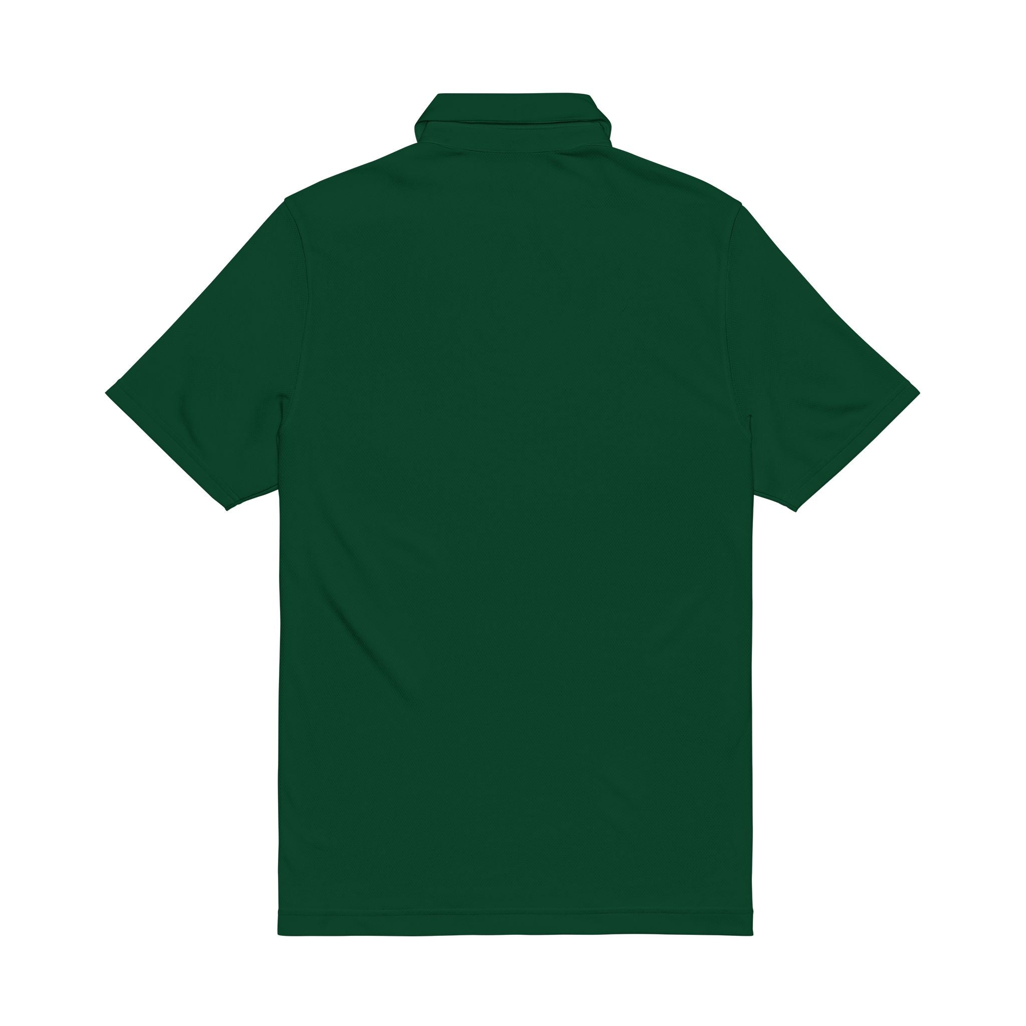 Forest green men’s performance polo shirt, back view with short sleeves and collar