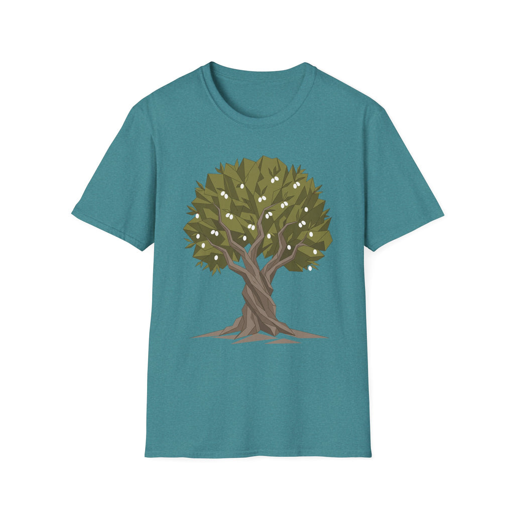 Twisted Olive Tree T-Shirt in teal with twisted tree graphic and olive leafy canopy