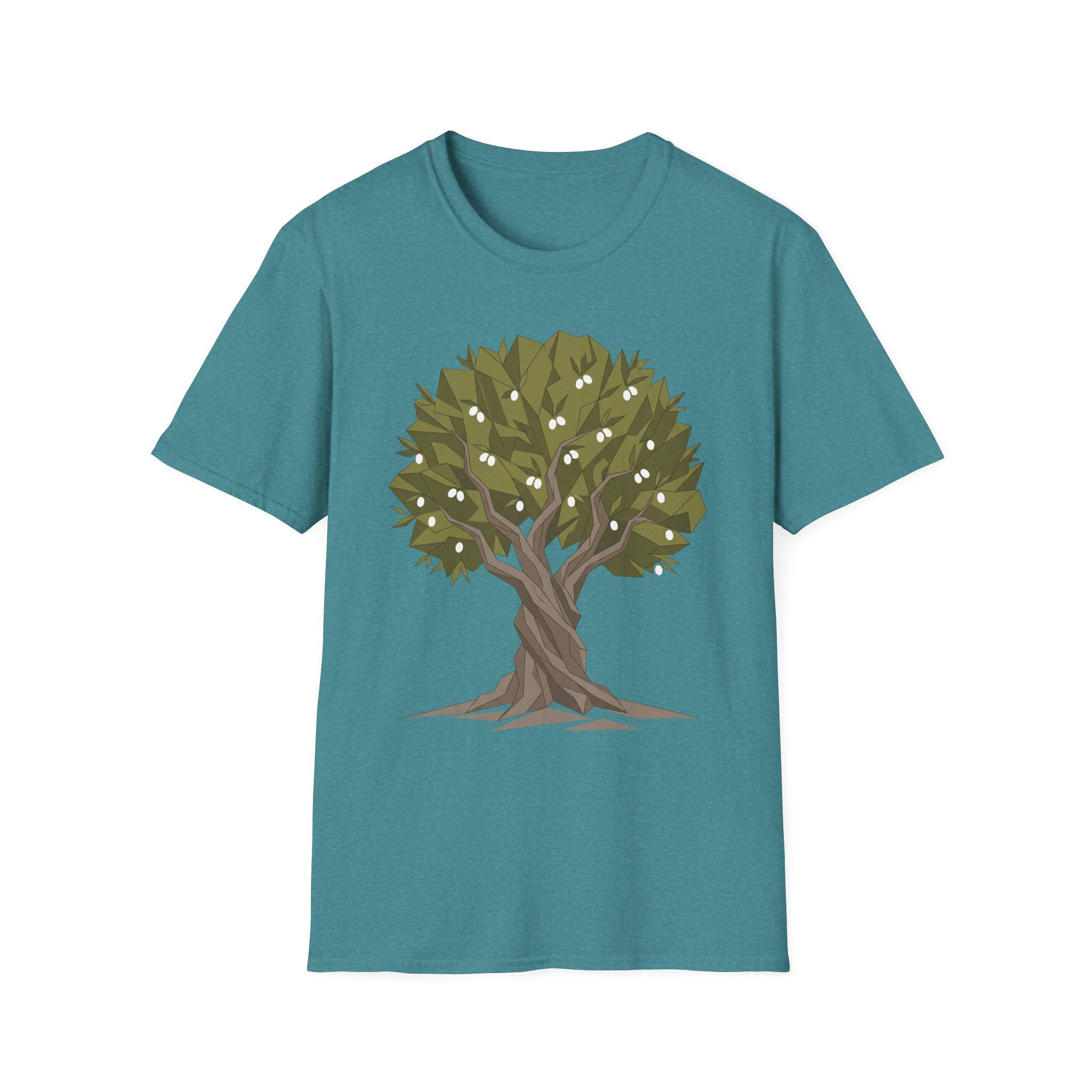 Twisted Olive Tree T-Shirt in teal with twisted tree graphic and olive leafy canopy