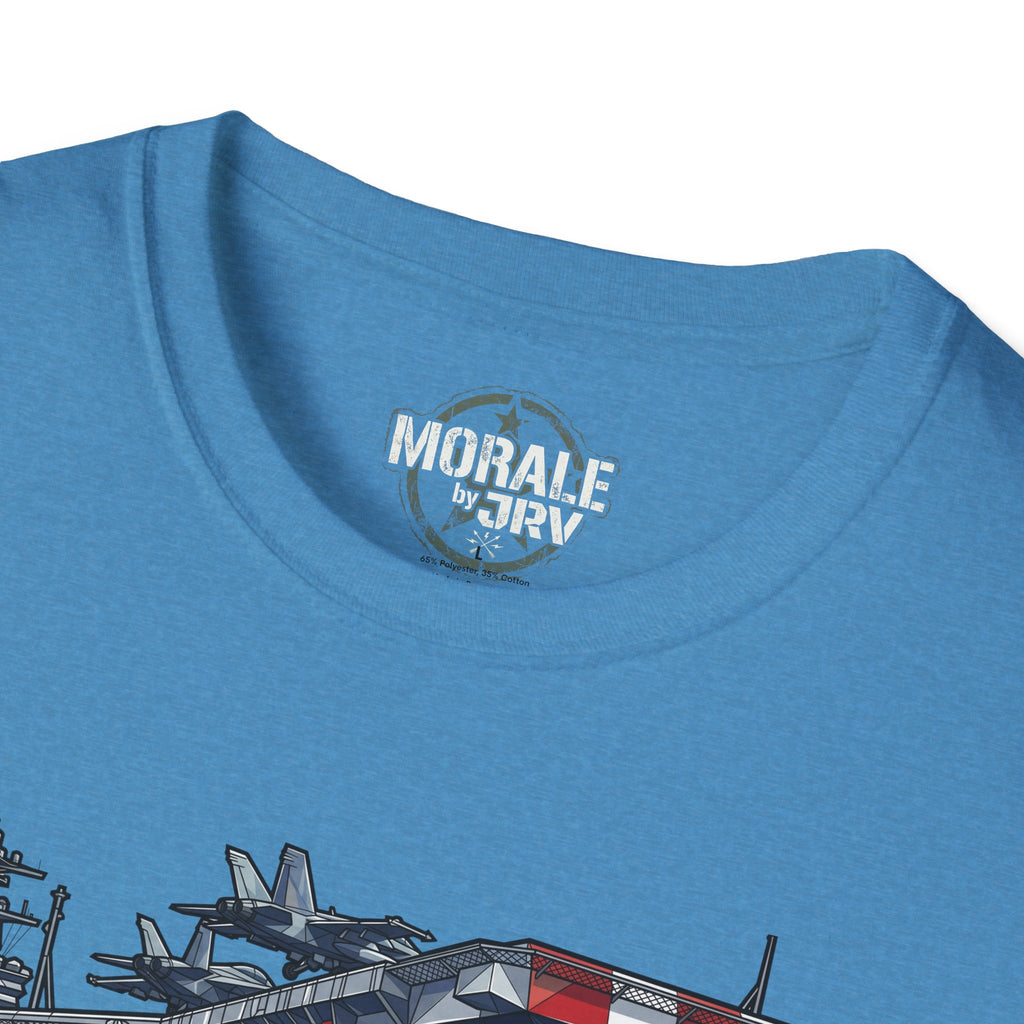 Light blue T-shirt close-up: “MORALE by TRV” logo on the neckline