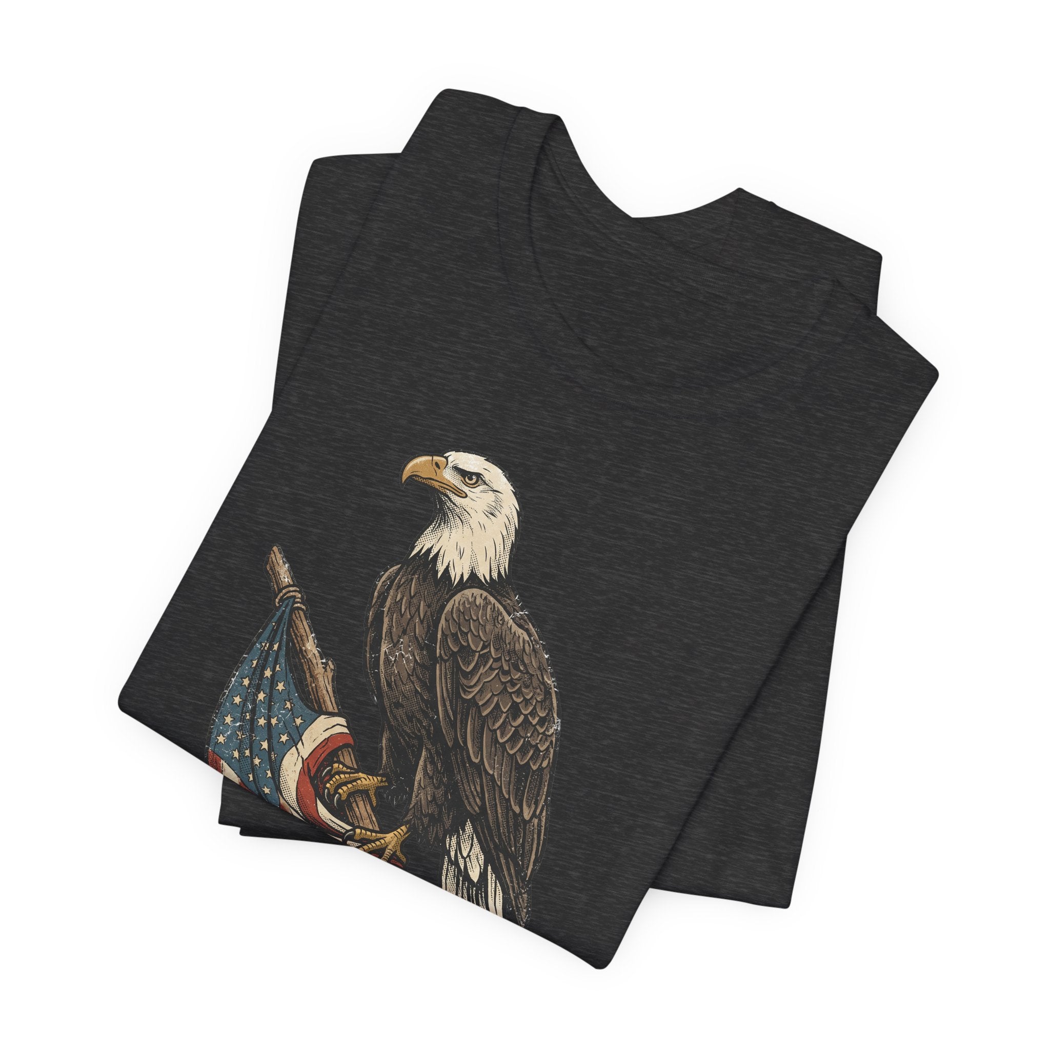 Black t-shirt with vintage eagle and flag graphic, folded pair
