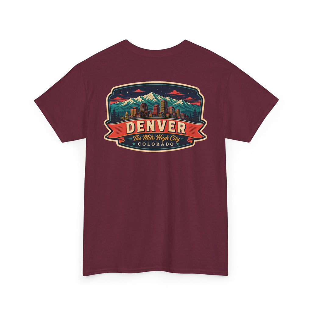 Maroon T-shirt with Denver city badge graphic on chest