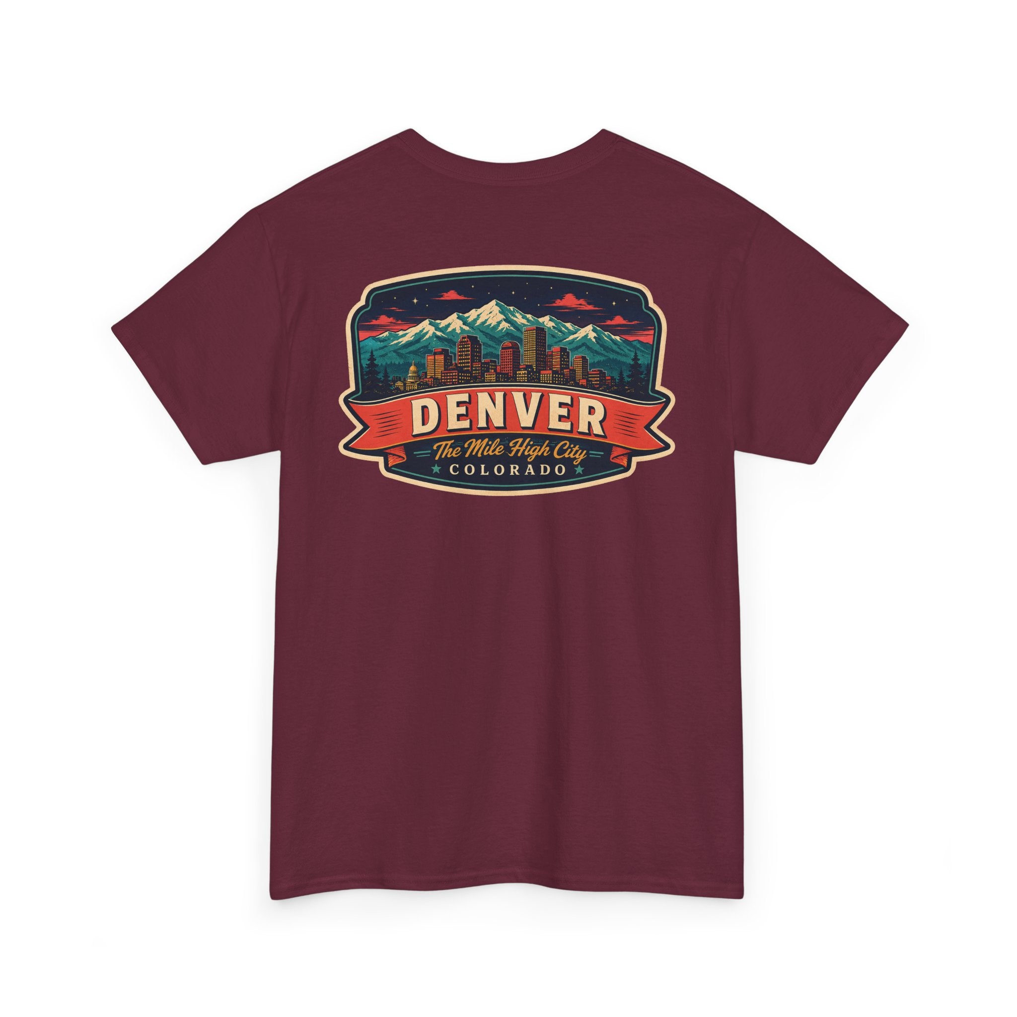 Maroon T-shirt with Denver city badge graphic on chest