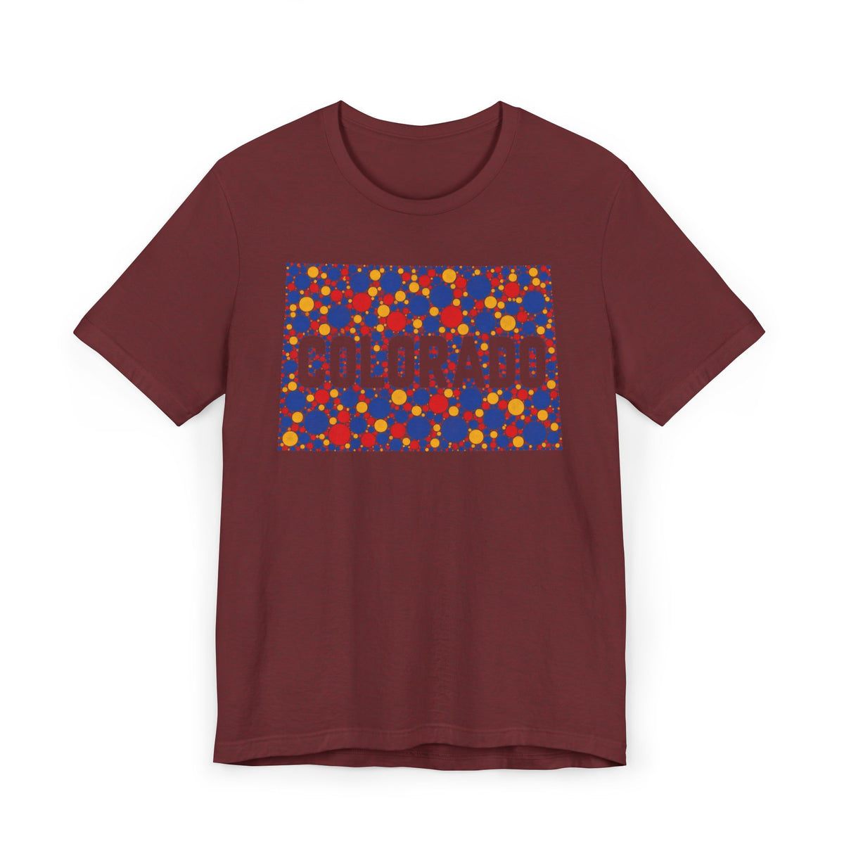 Burgundy crew-neck t-shirt with colorful patterned "COLORADO" graphic rectangle