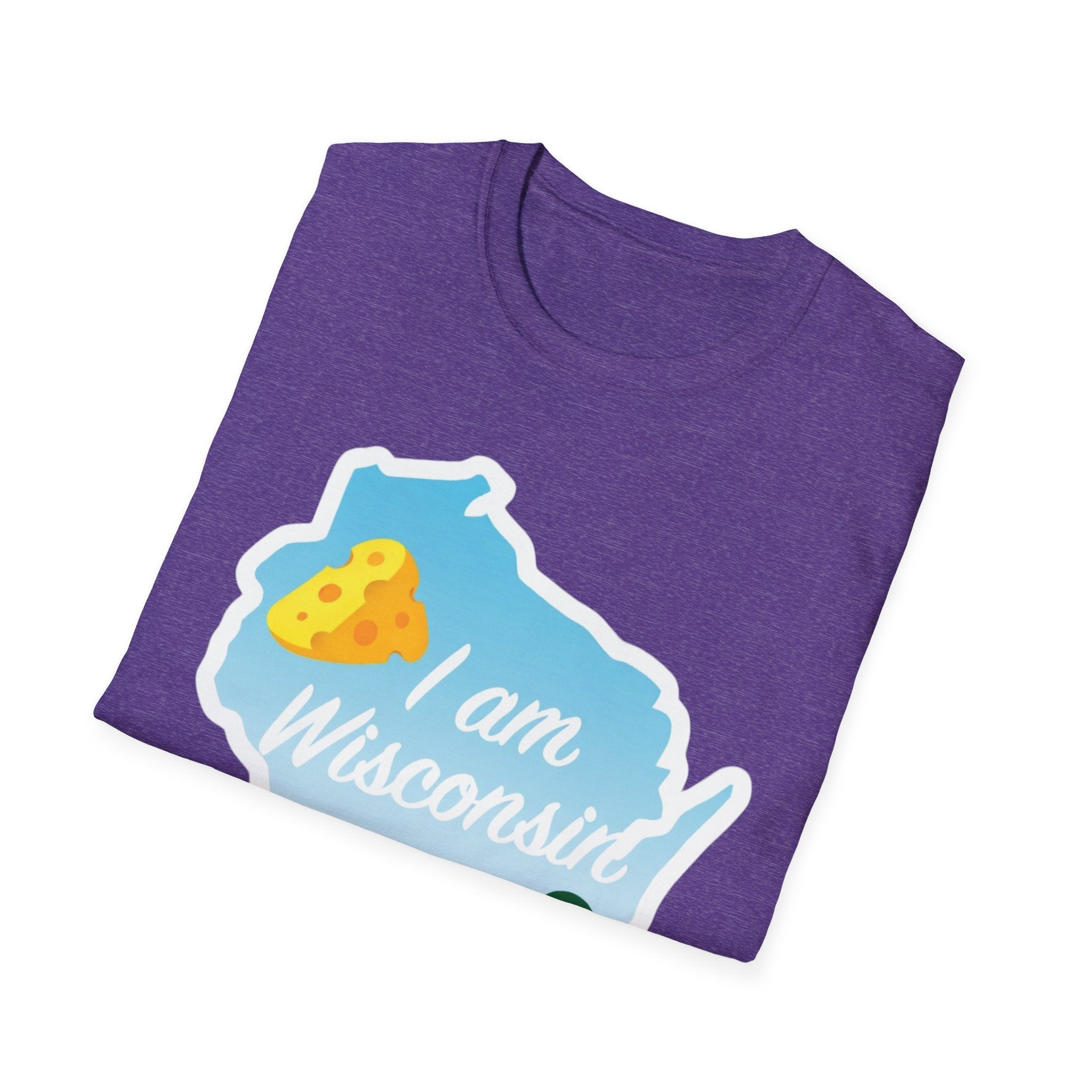 I Am Wisconsin T‑Shirt heather purple with Wisconsin outline, cheese and 'I am Wisconsin'