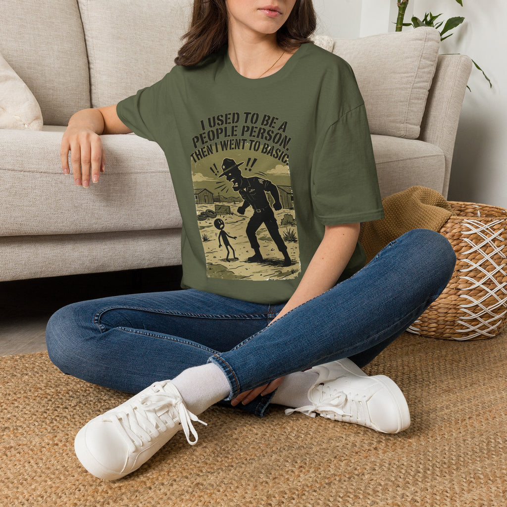 Military green crewneck T-shirt with 'people person' comic graphic front