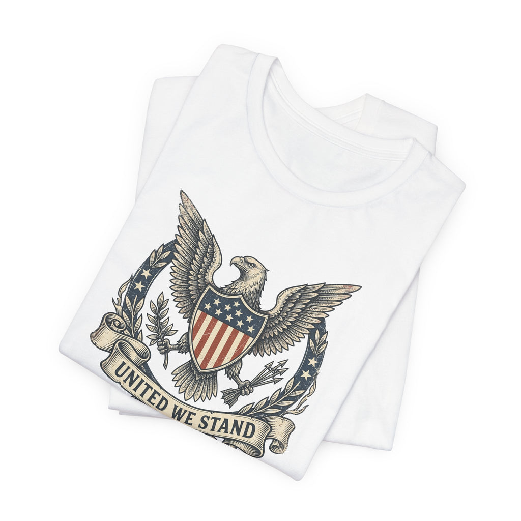 White T-shirt with overlapping eagle shield crest graphic across the chest