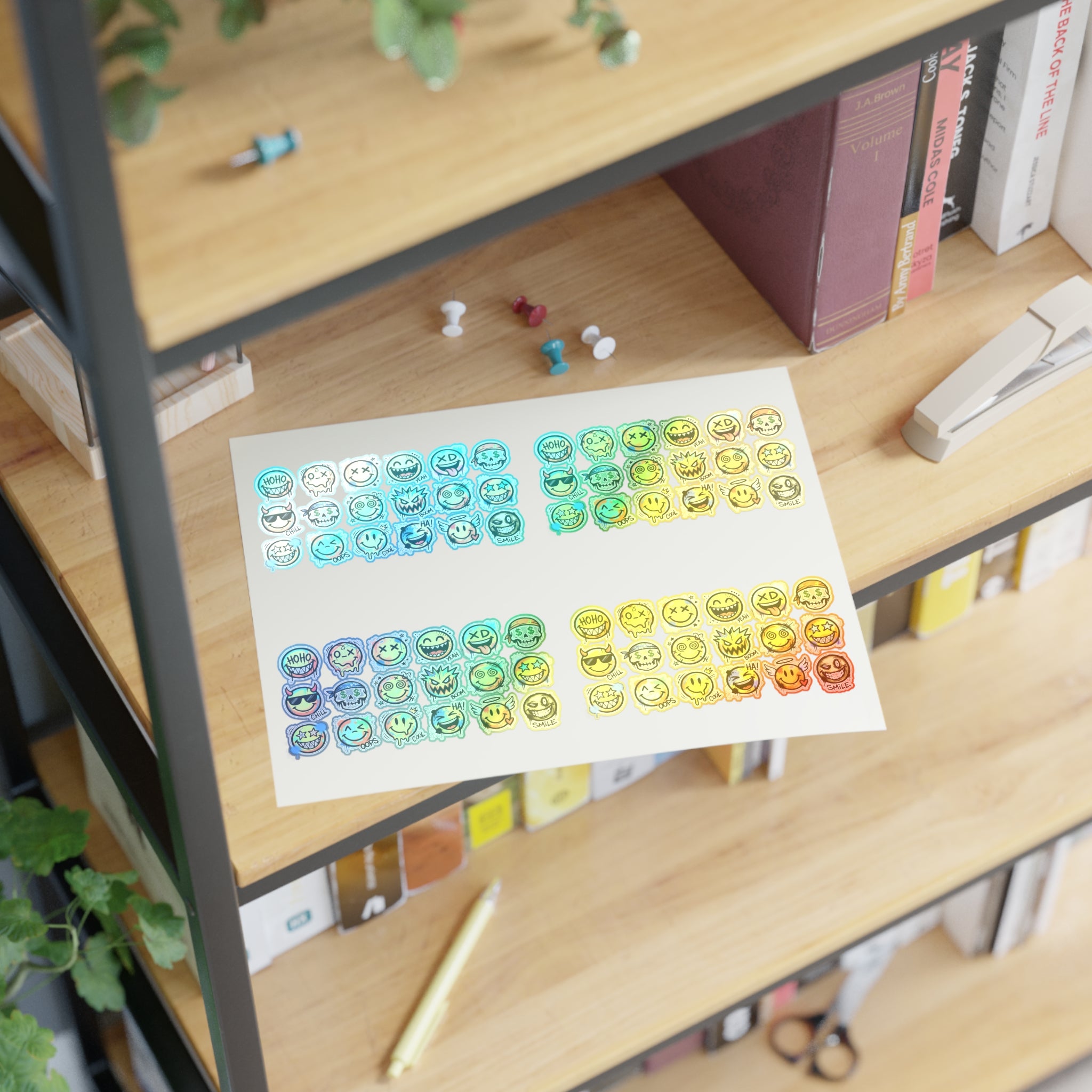Emoji face icon sticker sheet on white card, multicolor expressions in rows