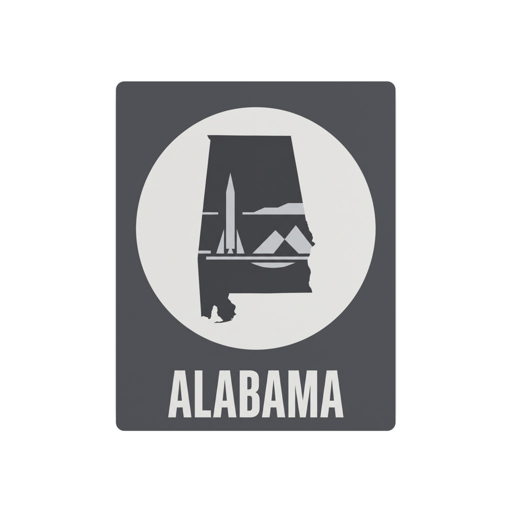 Alabama rocket skyline metal wall art with circular emblem, rustic aluminum finish