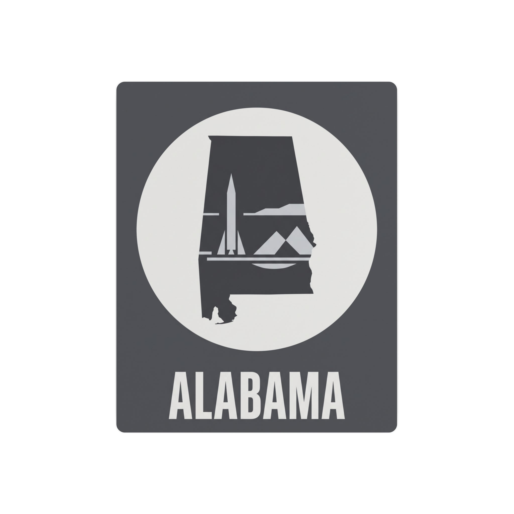 Alabama rocket skyline metal wall art with circular emblem, rustic aluminum finish