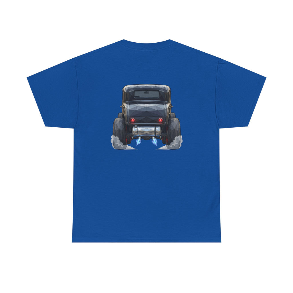 Blue short-sleeve T-shirt with centered vintage hot rod graphic on the chest