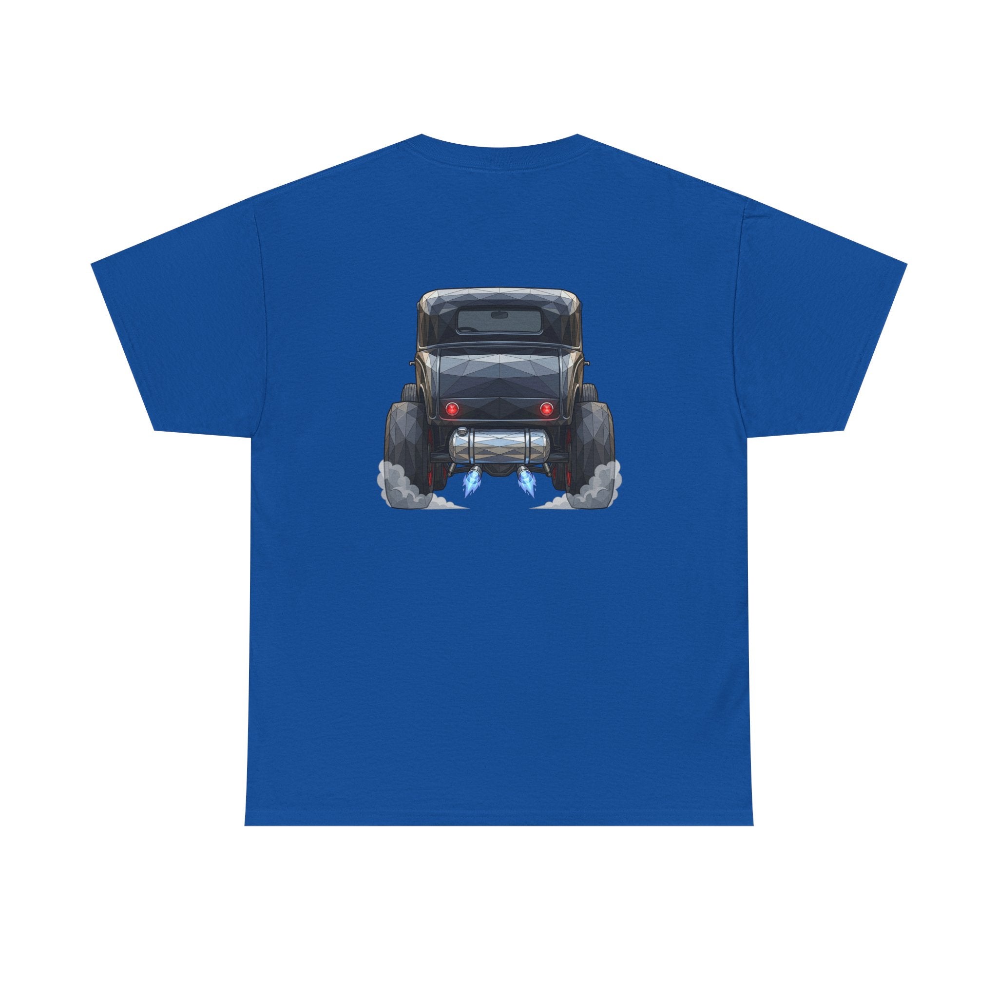 Blue short-sleeve T-shirt with centered vintage hot rod graphic on the chest