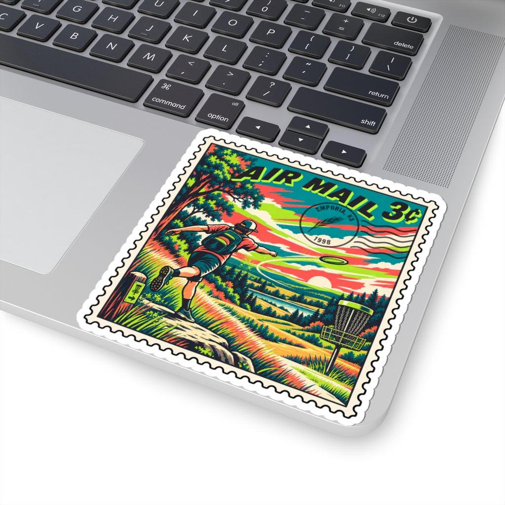 Air Mail 3c disc golf sticker on laptop surface, colorful stamp artwork, kiss-cut vinyl