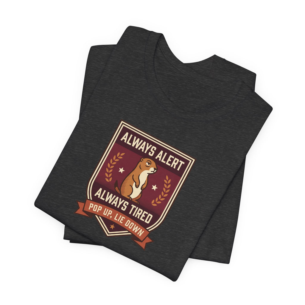 Dark grey T-shirt with squirrel crest badge graphic on the front