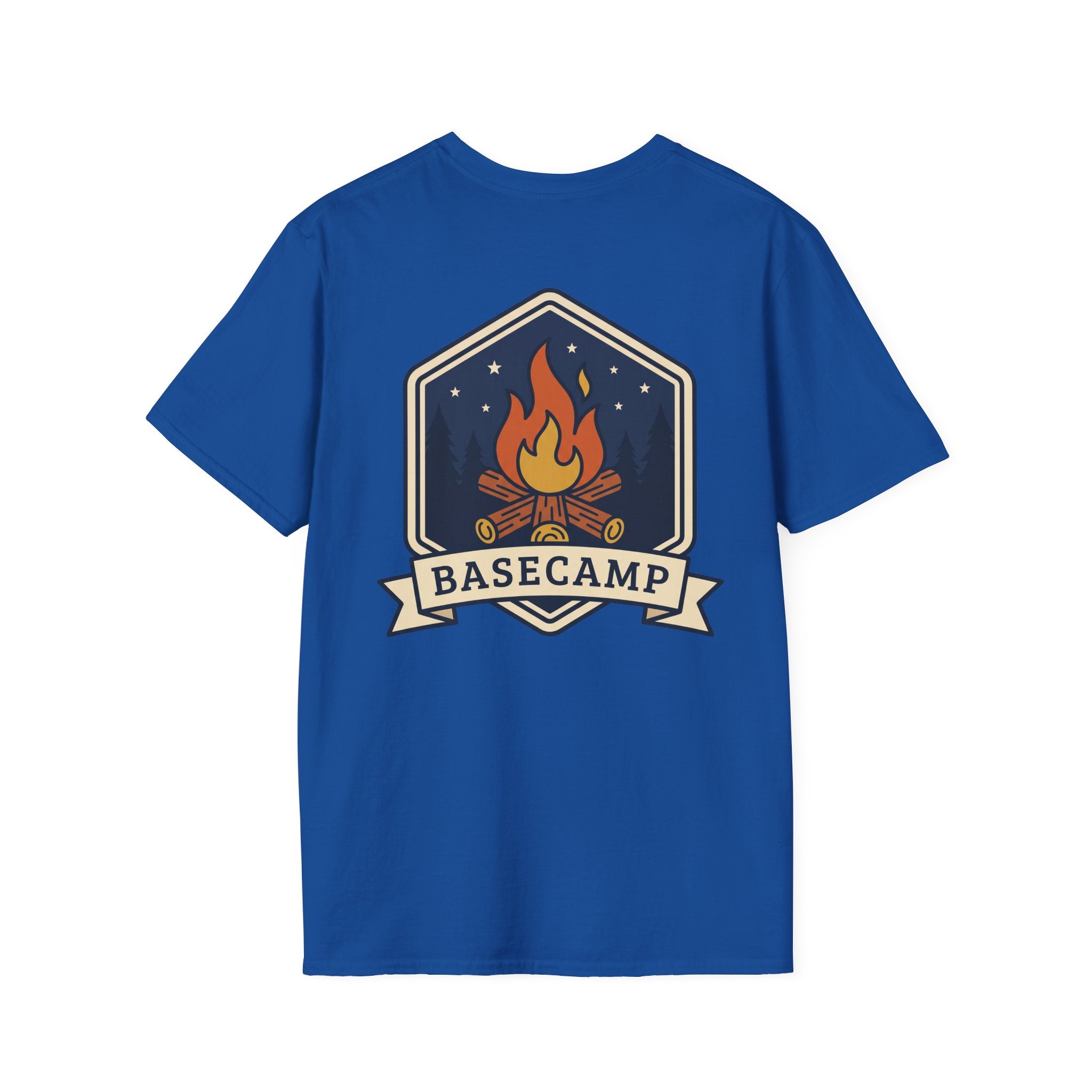 Basecamp campfire badge T-shirt in royal blue with colorful front graphic