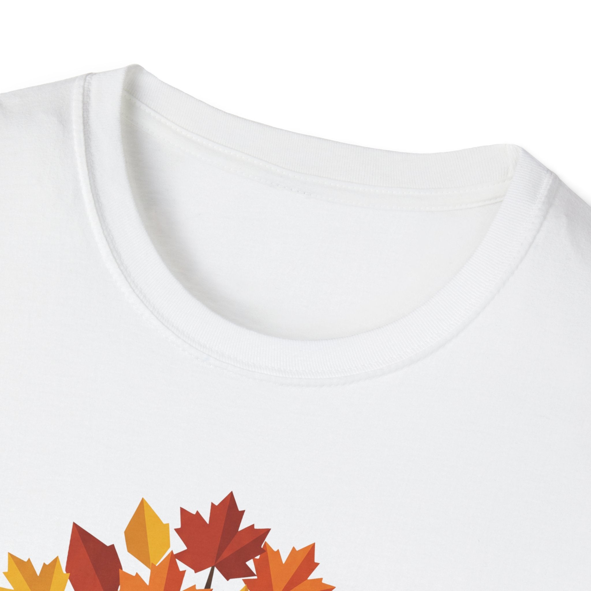 Autumn Maple Tree T-Shirt, white crew neck; partial colorful autumn leaves graphic
