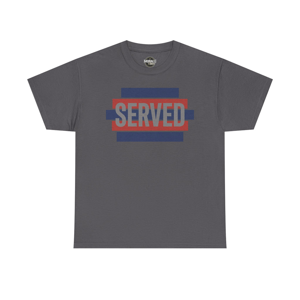 Dark gray T-shirt with “SERVED” graphic in red and blue stripes at center chest