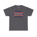 Dark gray T-shirt with “SERVED” graphic in red and blue stripes at center chest