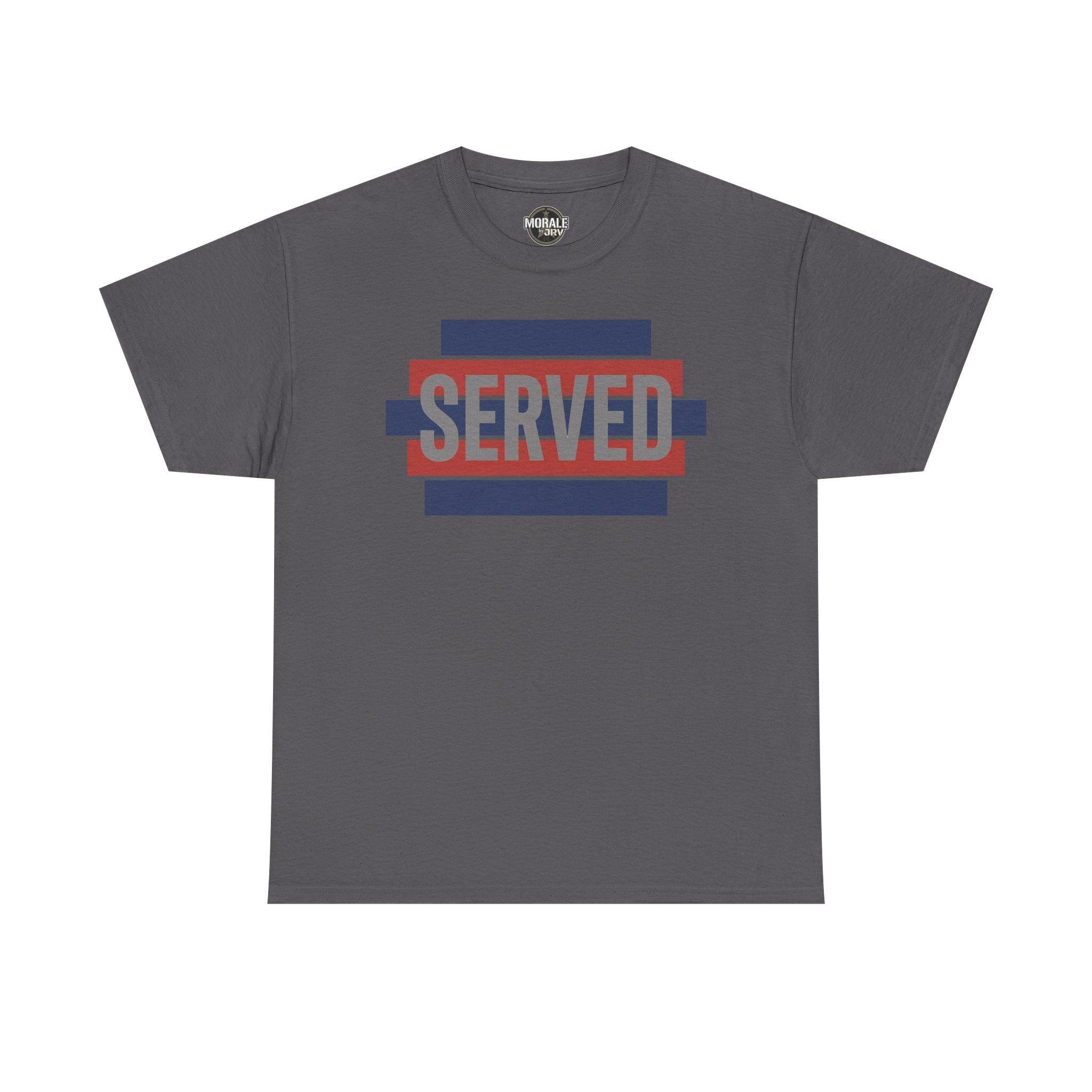 Dark gray T-shirt with “SERVED” graphic in red and blue stripes at center chest