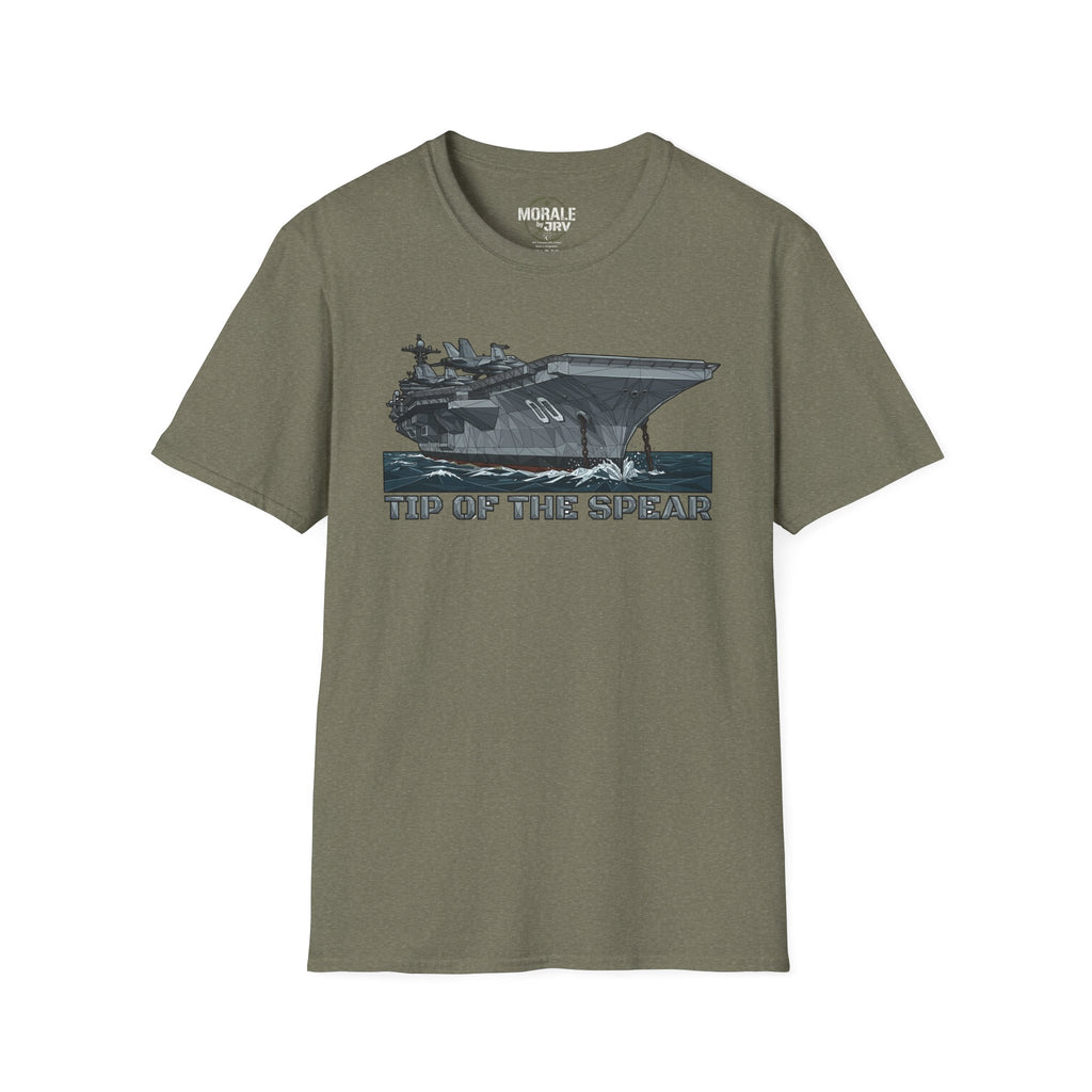 Olive green T-shirt with 'TIP OF THE SPEAR' aircraft carrier front graphic