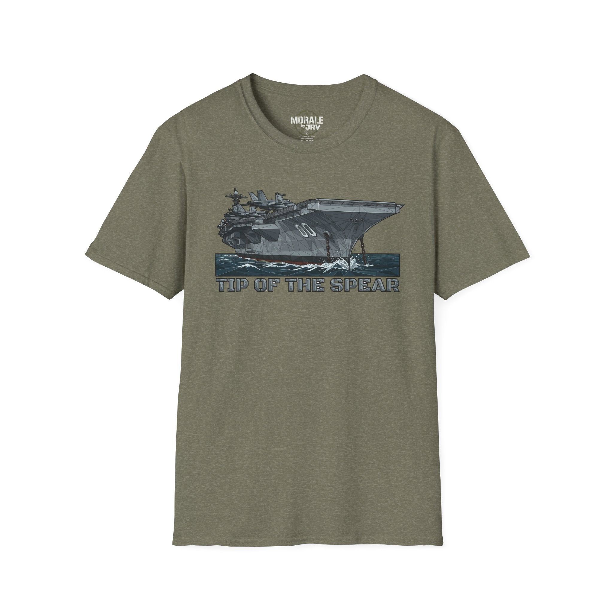 Olive green T-shirt with 'TIP OF THE SPEAR' aircraft carrier front graphic