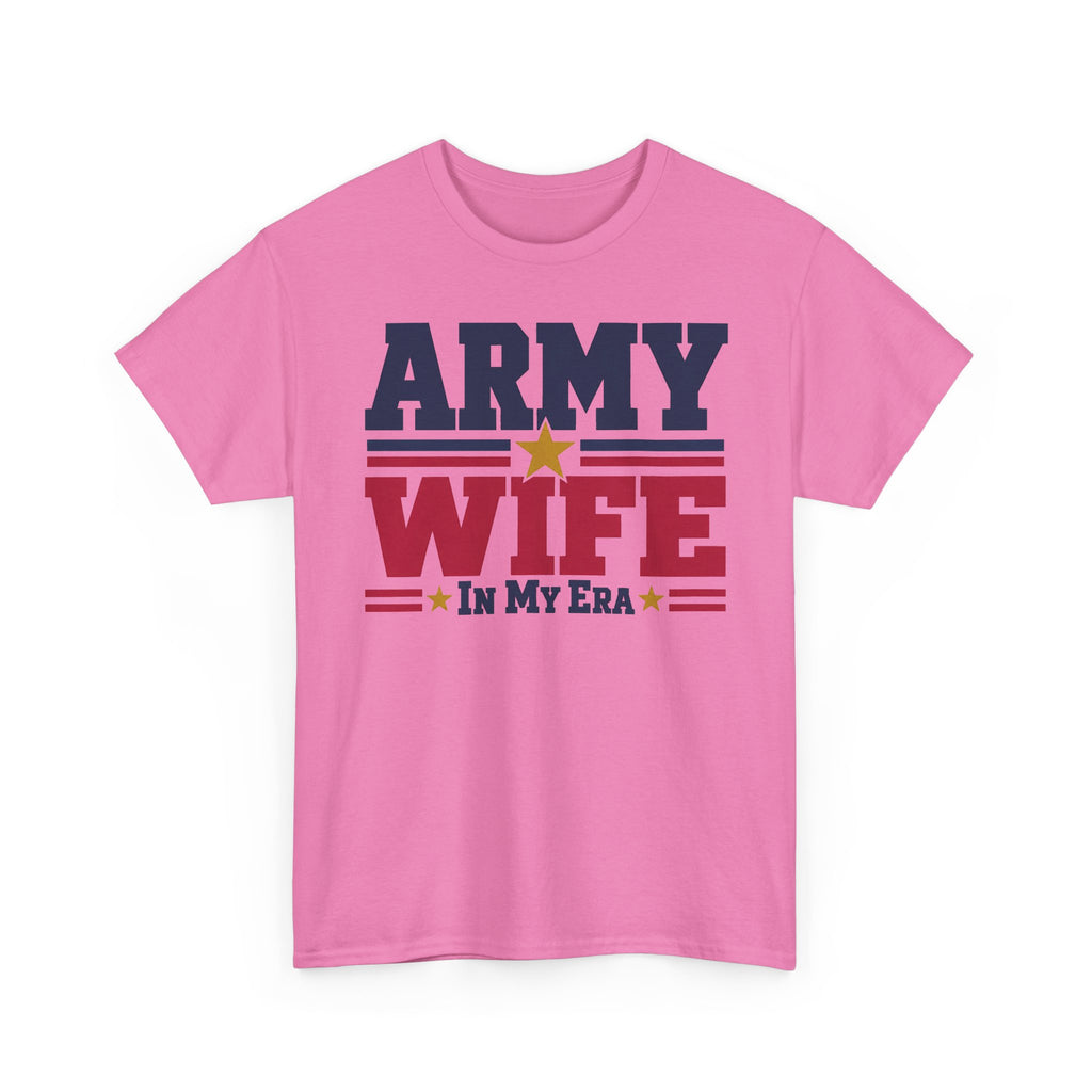 Pink crewneck graphic t-shirt with retro "Army Wife" patriotic text and star