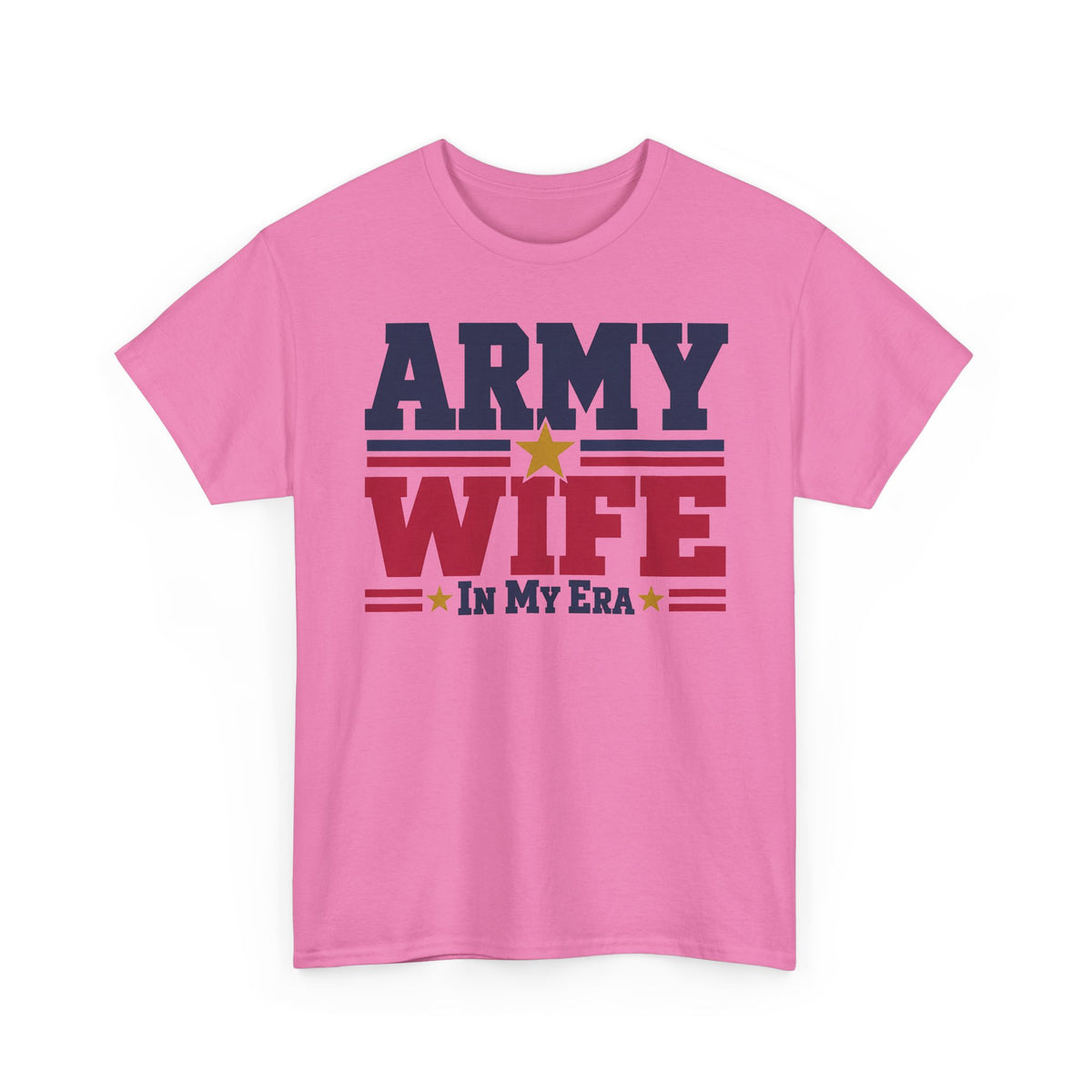 Pink crewneck graphic t-shirt with retro "Army Wife" patriotic text and star