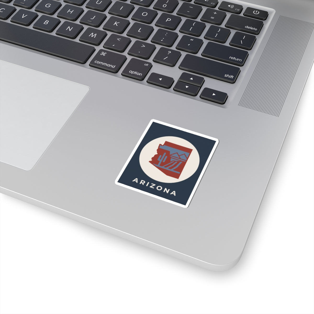 Square Arizona cactus sticker with blue desert scene and white border decal