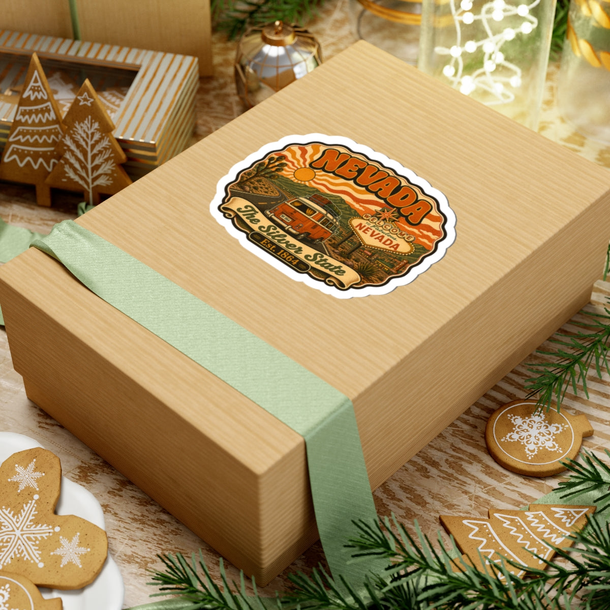 Nevada sticker on wrapped present: retro van desert artwork with Est. 1864 text
