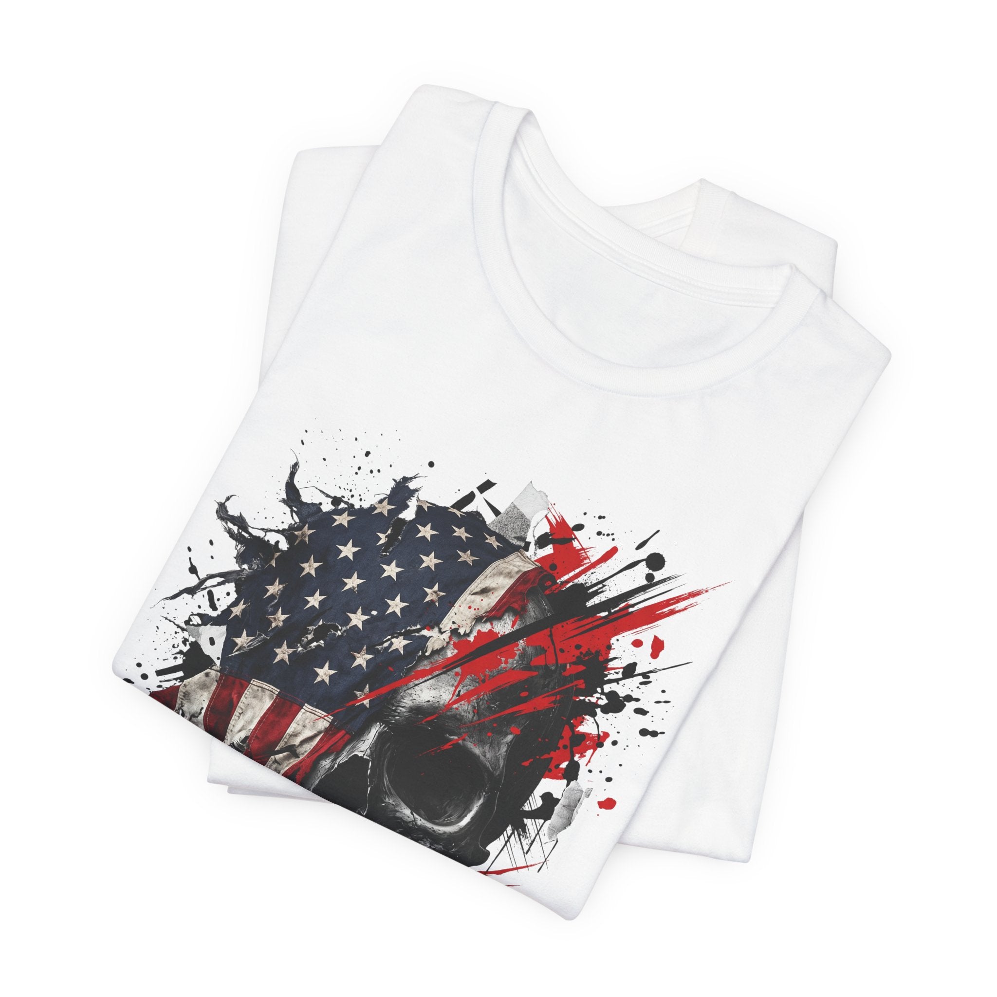 White crewneck T-shirt with skull and American flag graphic, shown folded