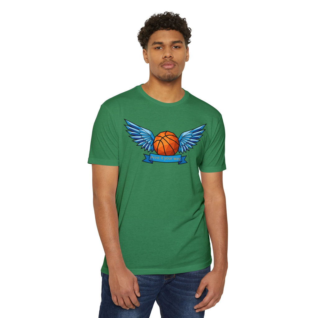 Unisex green basketball T-shirt with blue winged basketball graphic on chest