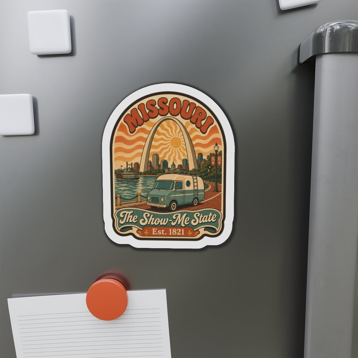 Circular die-cut Missouri magnet featuring RV, arch skyline, and "Est. 1821"