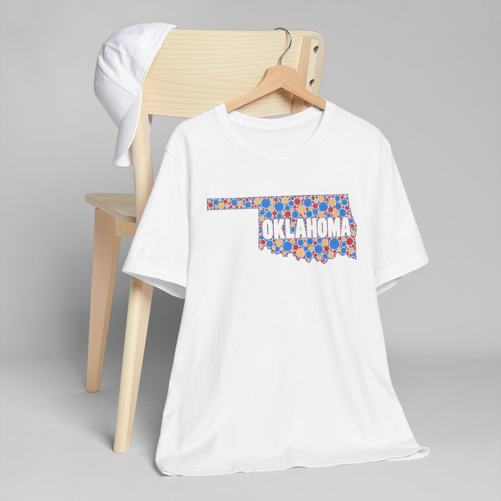 Natural cream t-shirt with colorful Oklahoma floral map graphic, crew neck