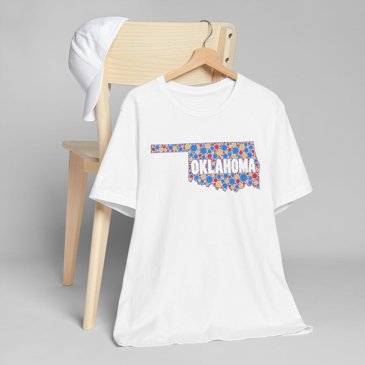 Natural cream t-shirt with colorful Oklahoma floral map graphic, crew neck