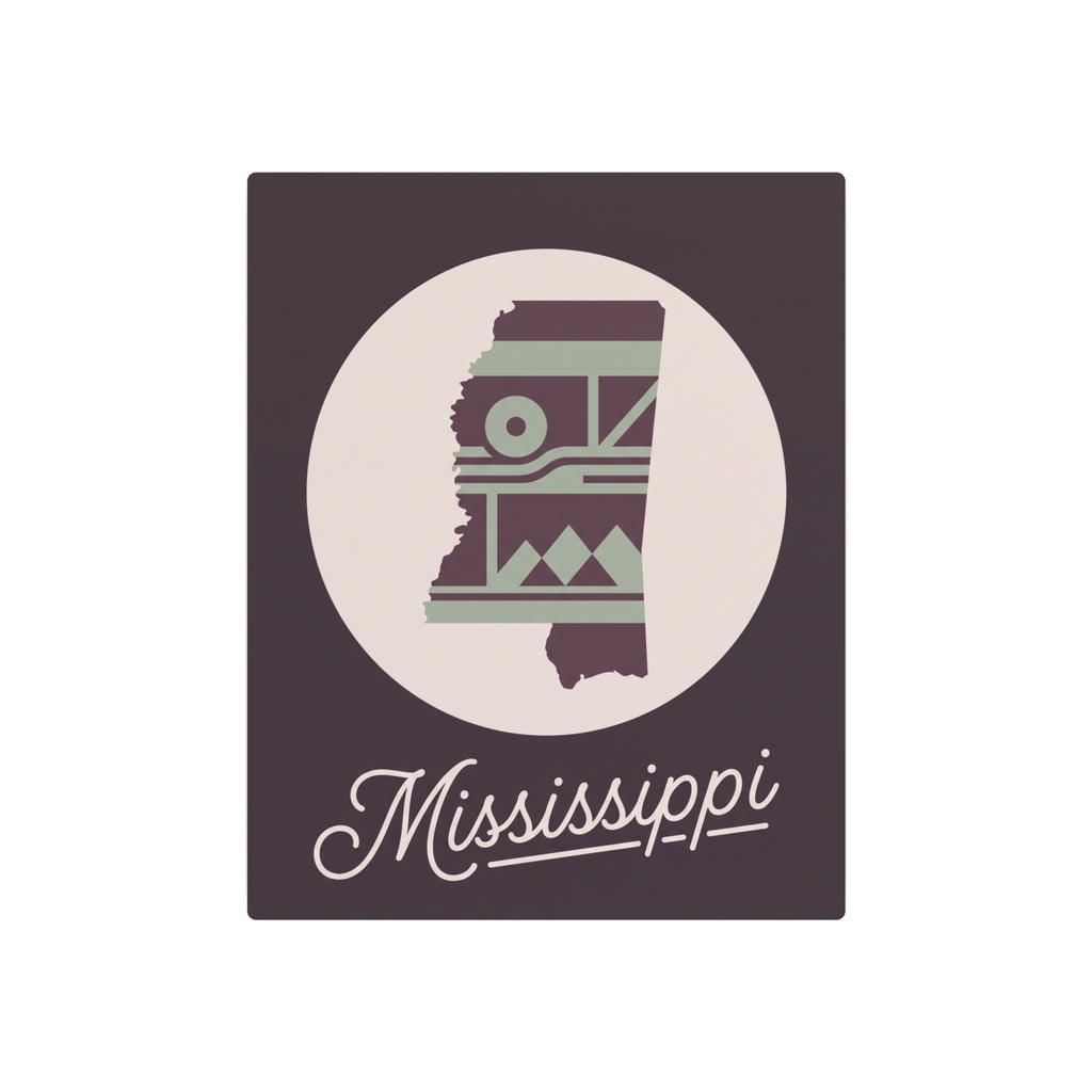 Square metal wall sign with circular Mississippi silhouette, southwest motifs, and cursive Mississippi