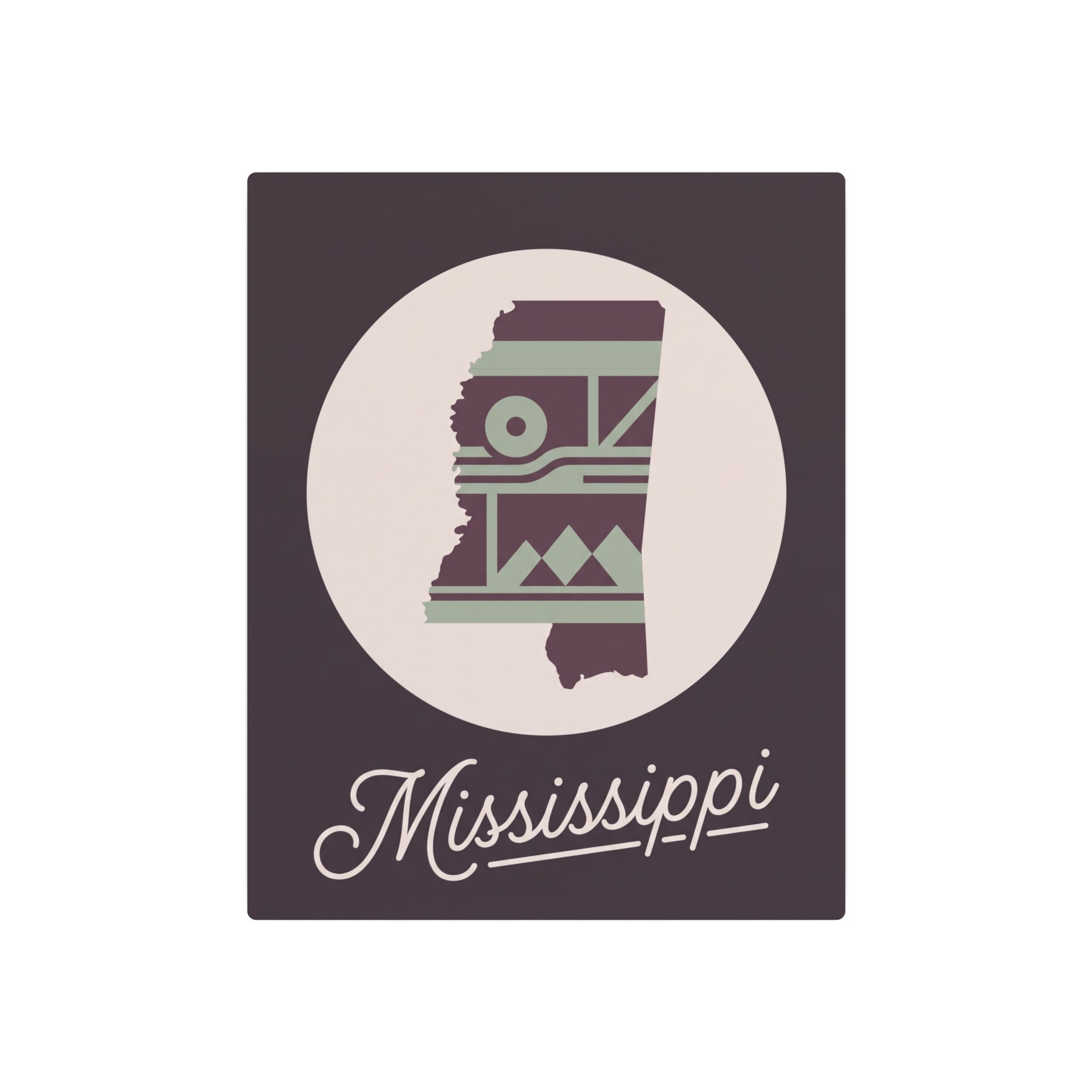 Square metal wall sign with circular Mississippi silhouette, southwest motifs, and cursive Mississippi