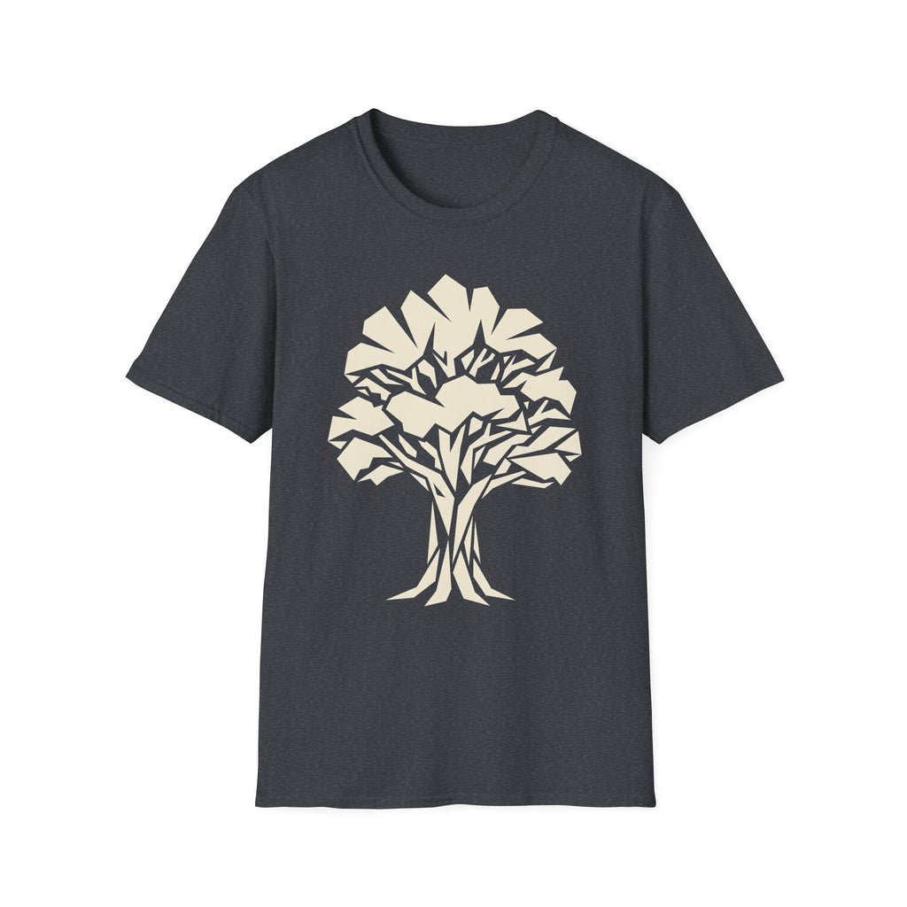 Dark gray t-shirt with white geometric tree silhouette graphic on the front