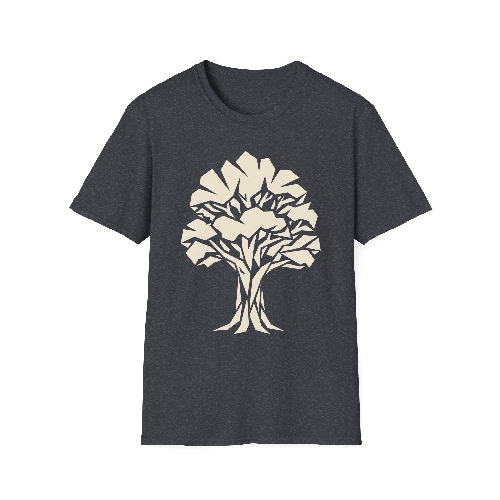 Dark gray t-shirt with white geometric tree silhouette graphic on the front