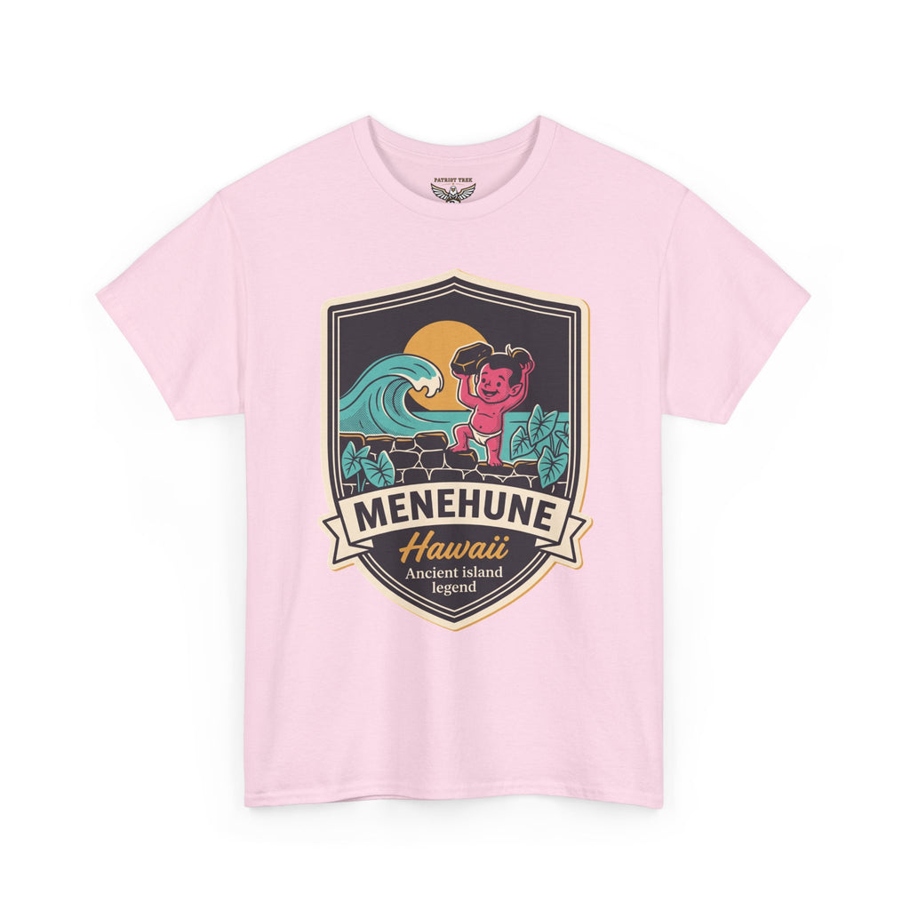 Light pink kids graphic T-shirt with Menhune Hawaii crest, surf wave and tiki kid emblem