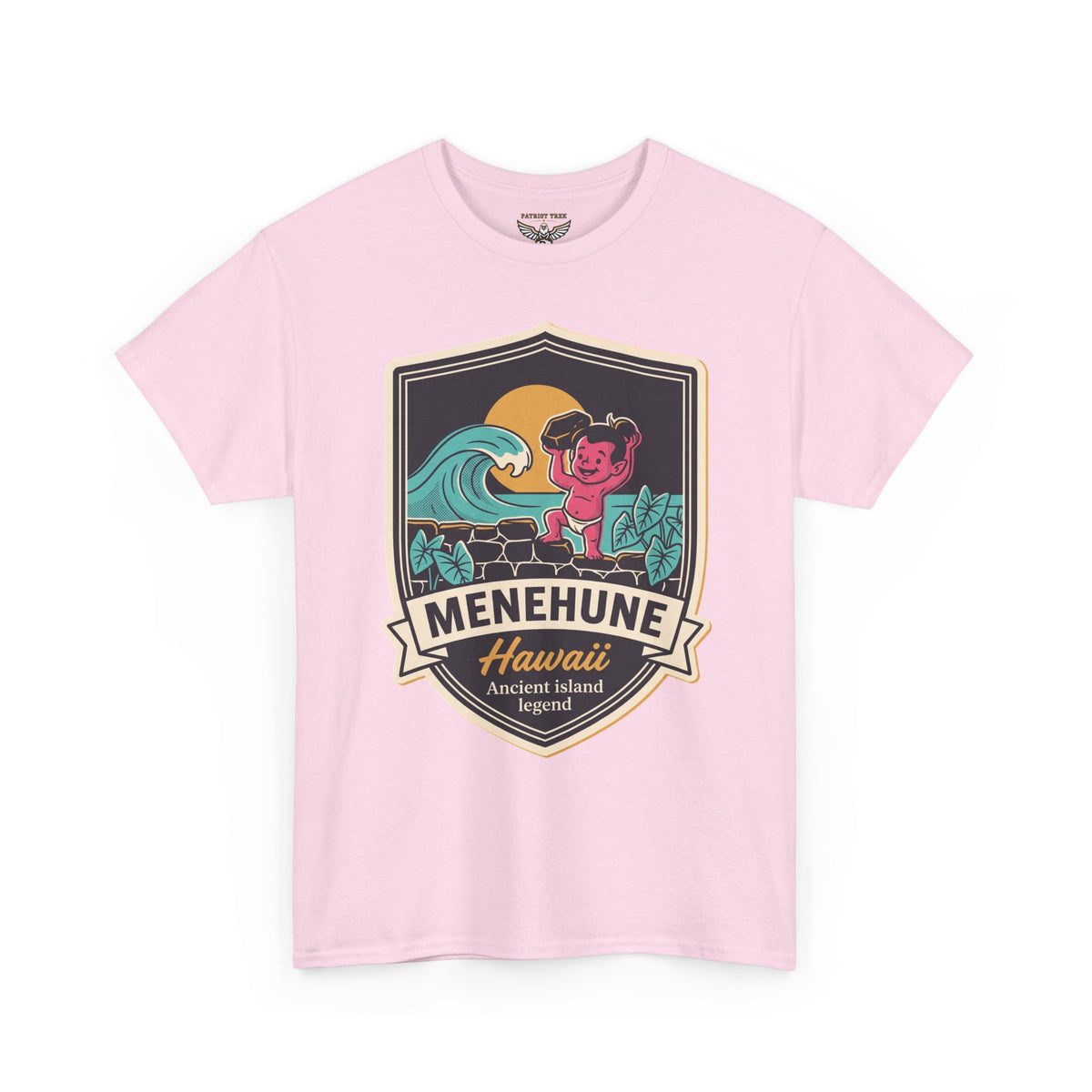 Light pink kids graphic T-shirt with Menhune Hawaii crest, surf wave and tiki kid emblem