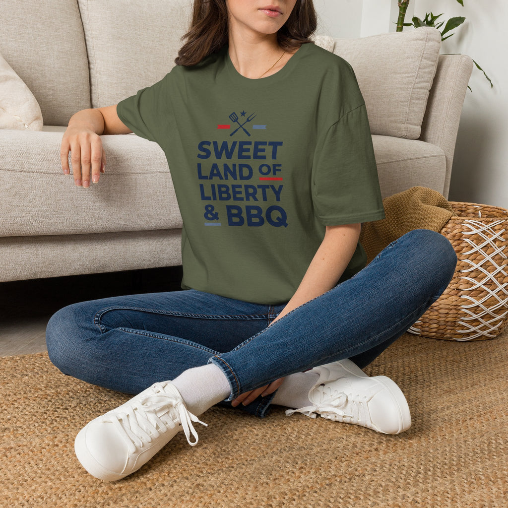 Olive green T-shirt with “Sweet Land of Liberty & BBQ” front graphic.